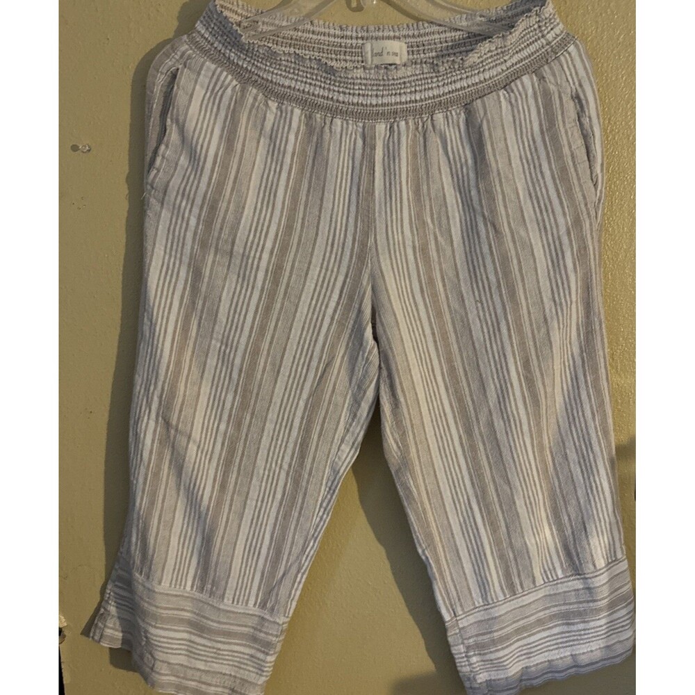 Land n Sea Linen Womens Capri Pants Medium Tan Ivory Striped Wide Leg Pull-On